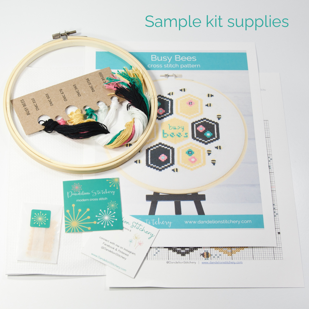 sample of kit supplies in our cross stitch subscription box