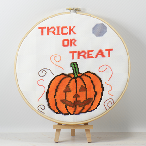 halloween trick or treat words with happy pumpkin counted cross stitch kit