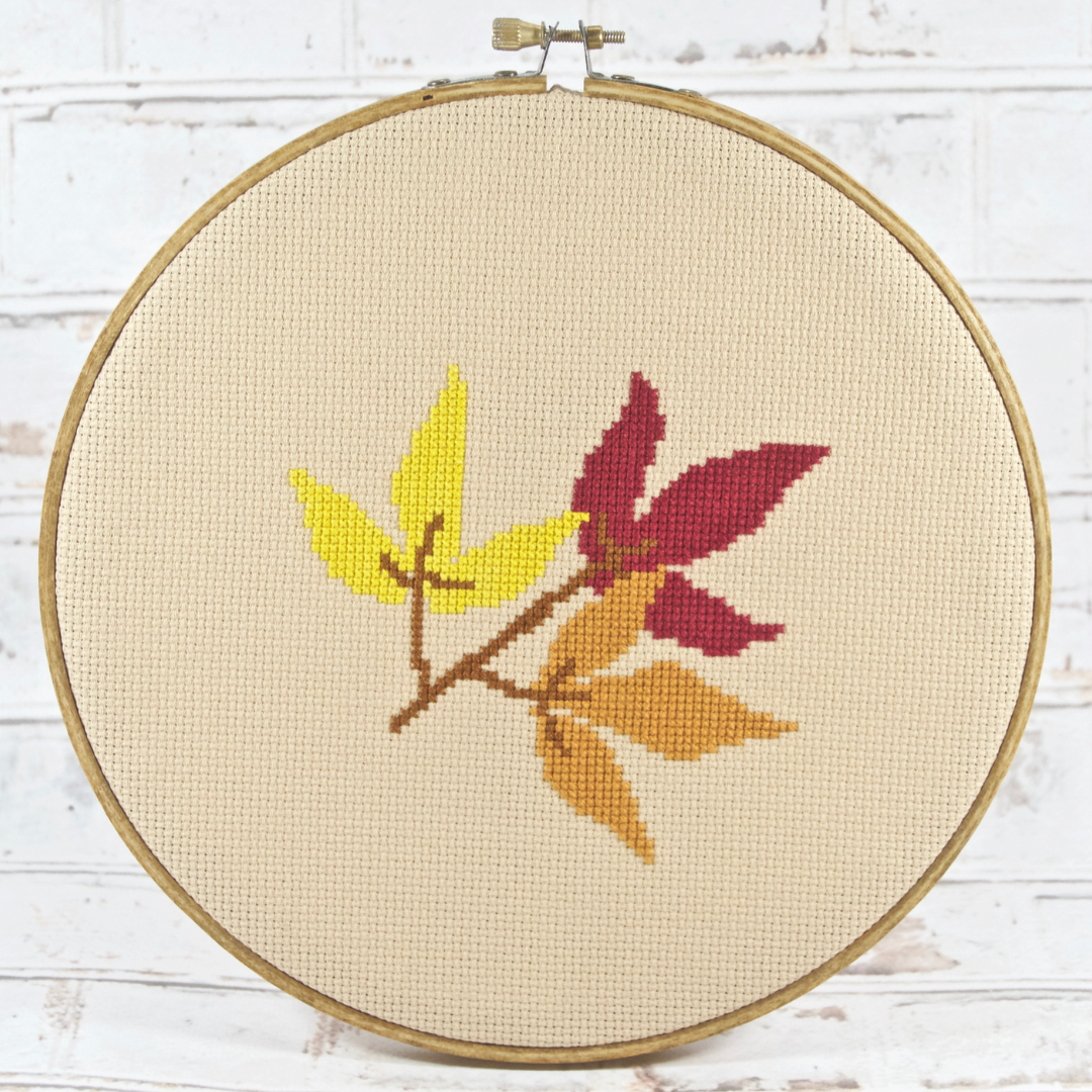 autumn fall decor of three colorful leaves on cross stitch digital pattern easy for beginners
