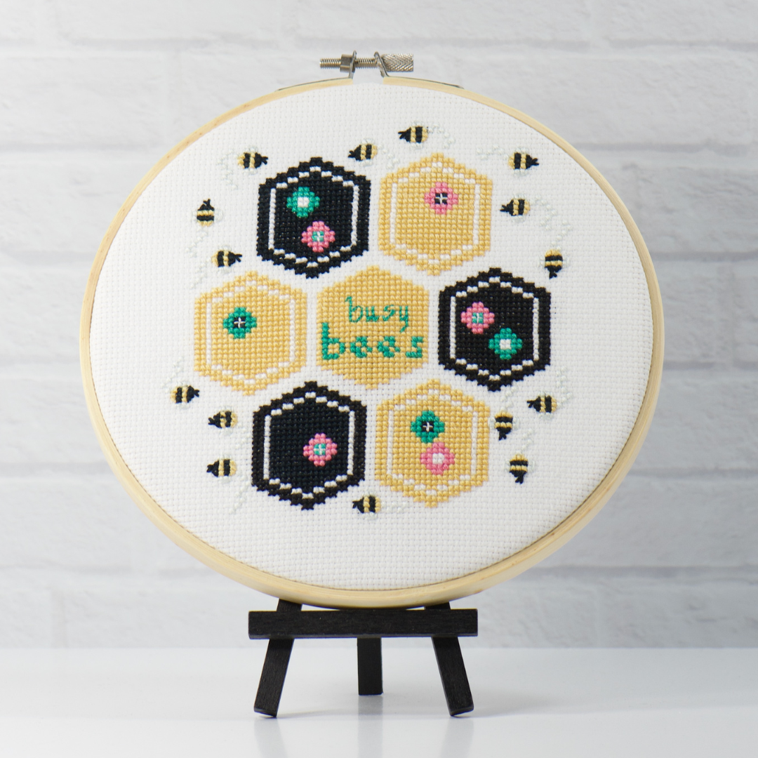 busy bees counted cross stitch complete kit with flowers and honeycomb