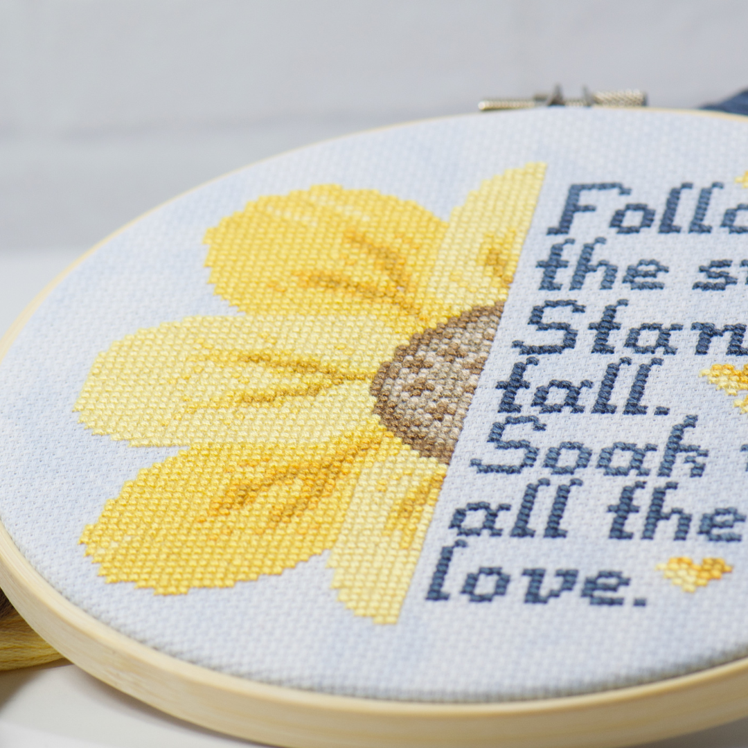 sunflower floral with inspirational quote on modern cross stitch