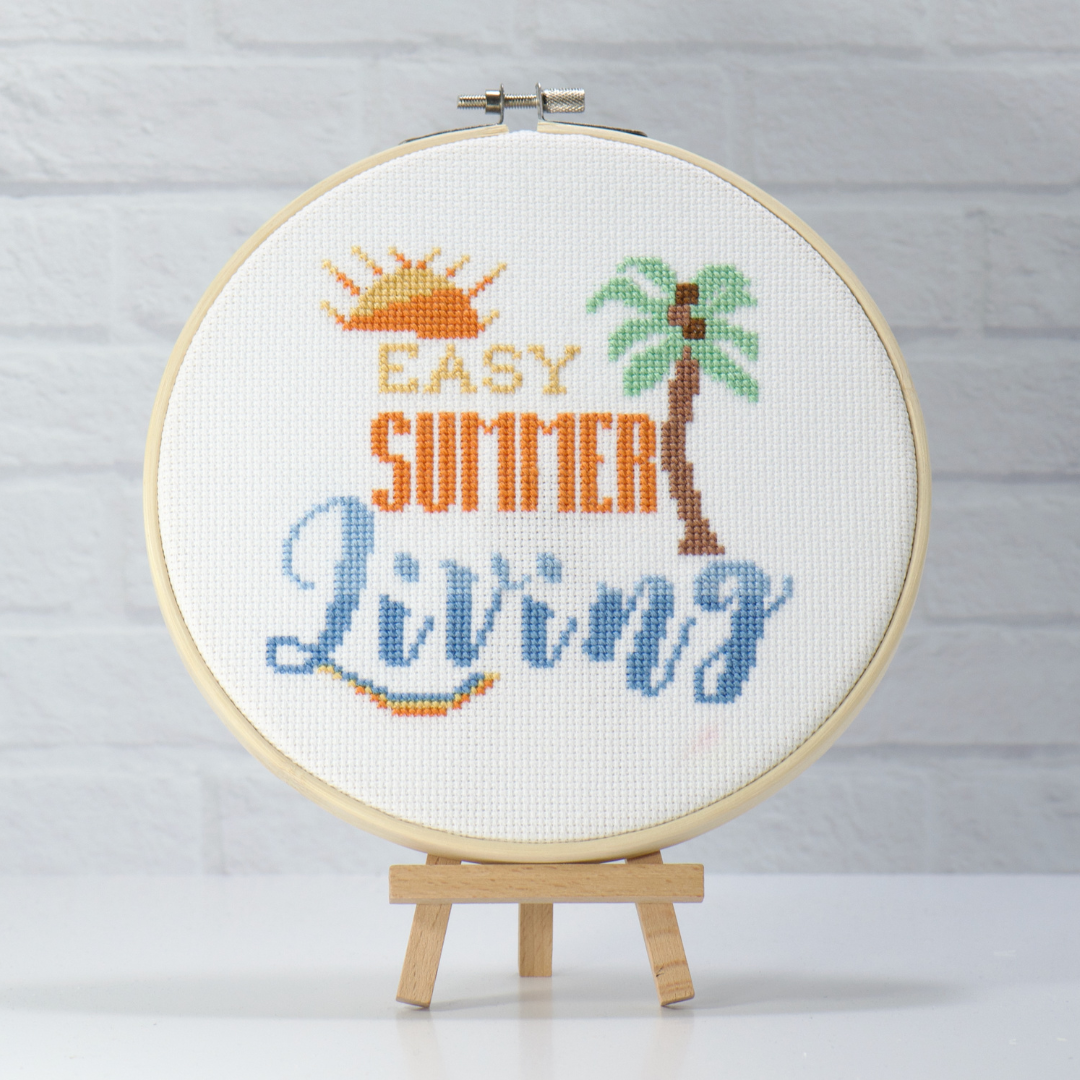 sun and palm tree cross stitch with words easy summer living on embroidery chart pdf pattern