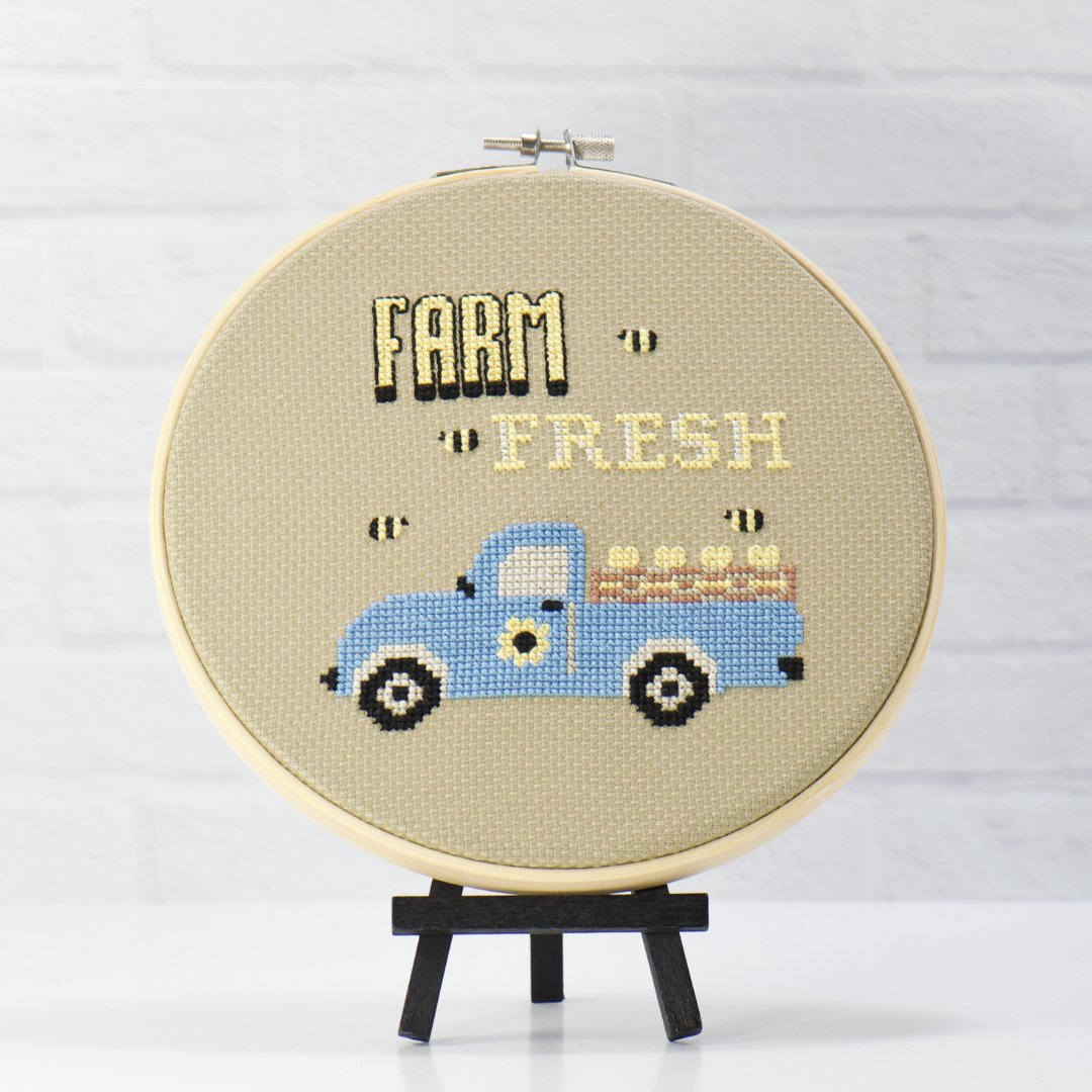 farm fresh vintage truck with sunflowers and bees counted cross stitch kit