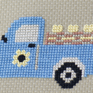 farm fresh vintage truck with sunflowers and bees counted cross stitch kit