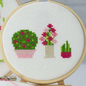 3 flower plants pots in counted cross stitch for beginner embroidery craft