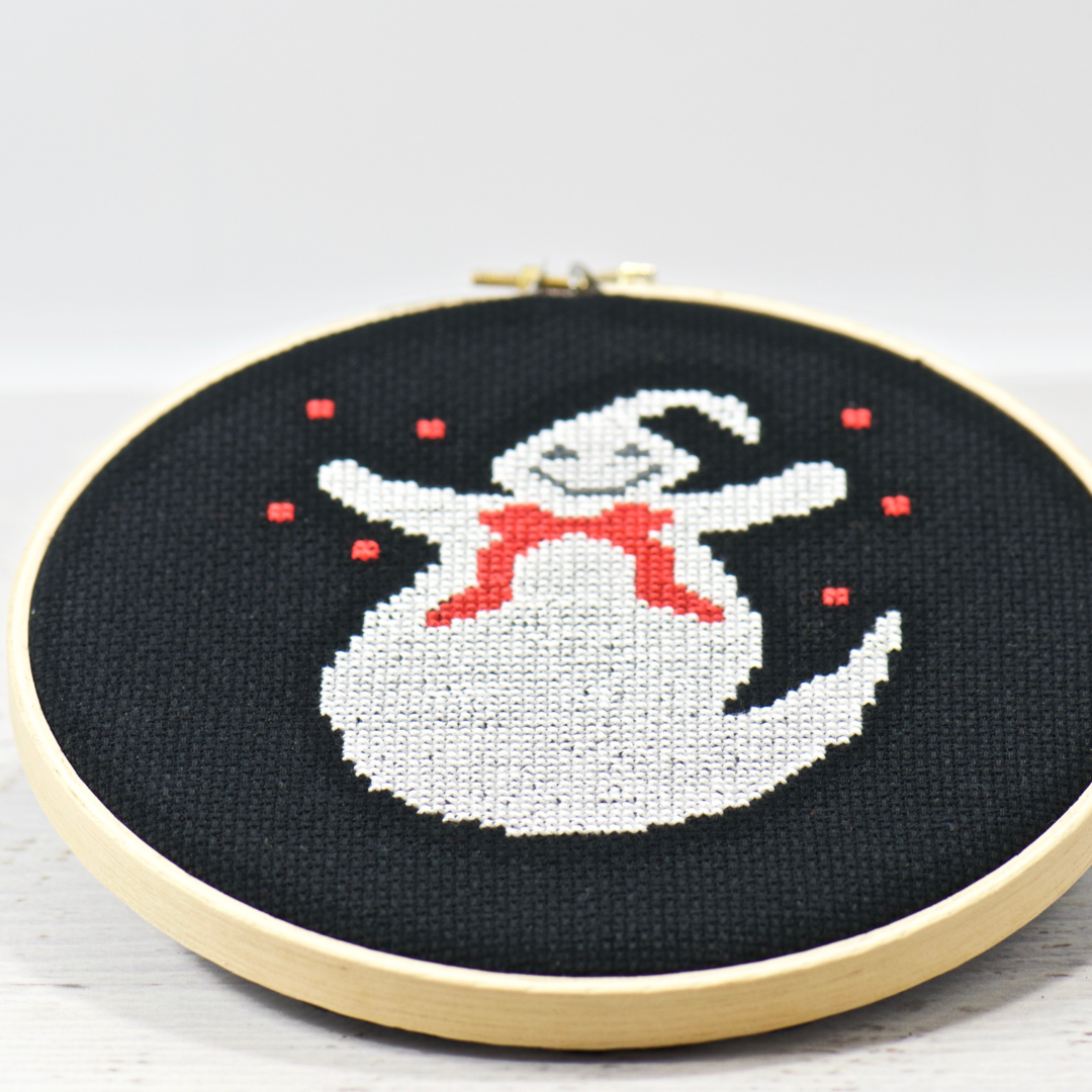 counted spooky ghost cross stitch pattern for halloween hobby project in easy design