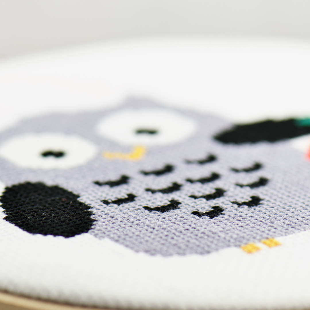 gray halloween owl simple modern cross stitch kit