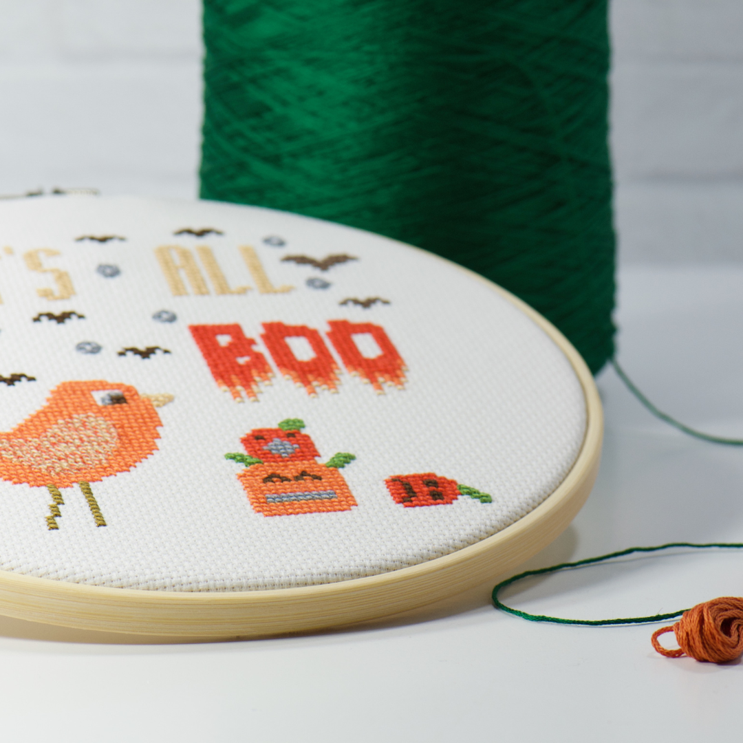 embroidery hoop with halloween counted art for slow stitching