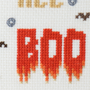 boo words on halloween cross stitch pattern showing dripping color on the word