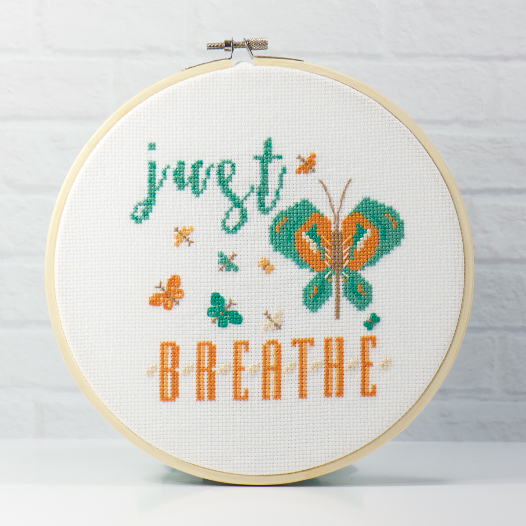 just breathe counted cross stitch pattern kit with butterflies