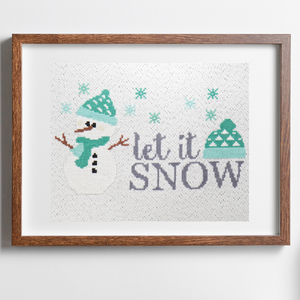 let it snow counted cross stitch complete kit with snowman, snowflakes and warm hat