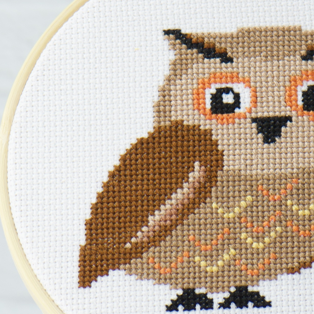 counted cross stitch owl in a complete kit for beginner stitchers