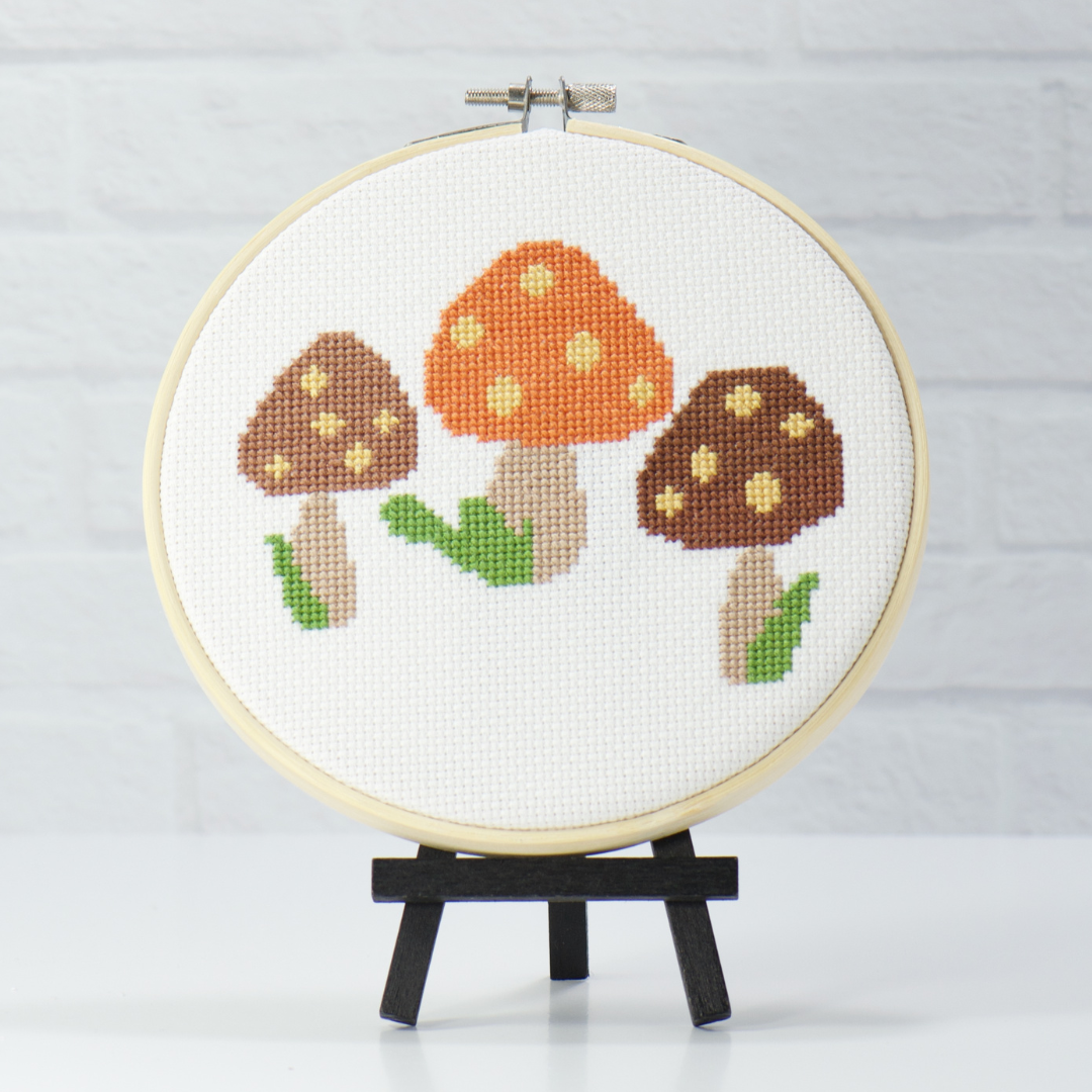 three charming mushrooms in beginner cross stitch complete kit