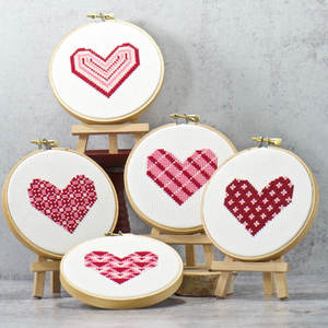 pink red valentines day hearts in simple cross stitch designs, complete kit
