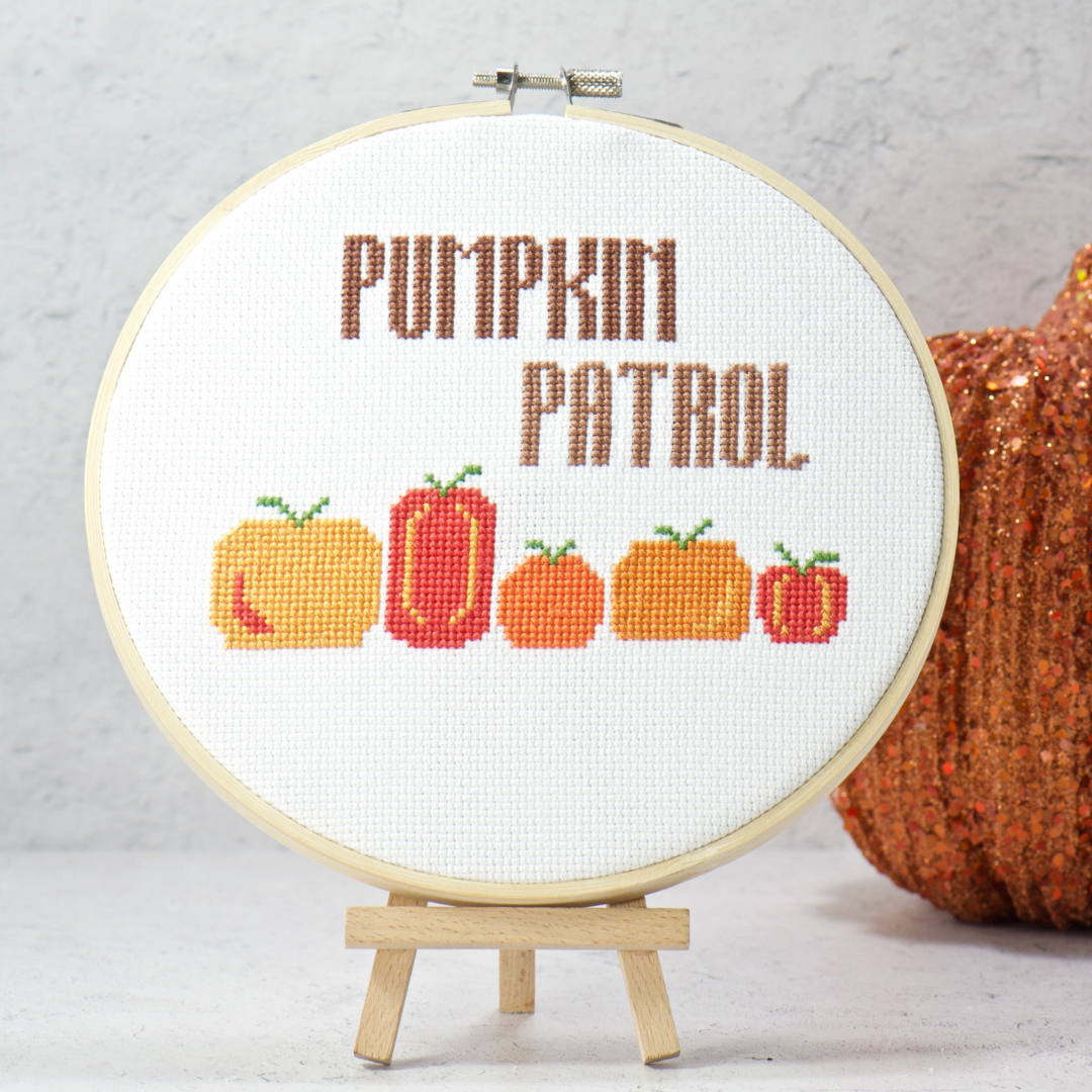 halloween pumpkin patrol lined up in counted cross stitch kit