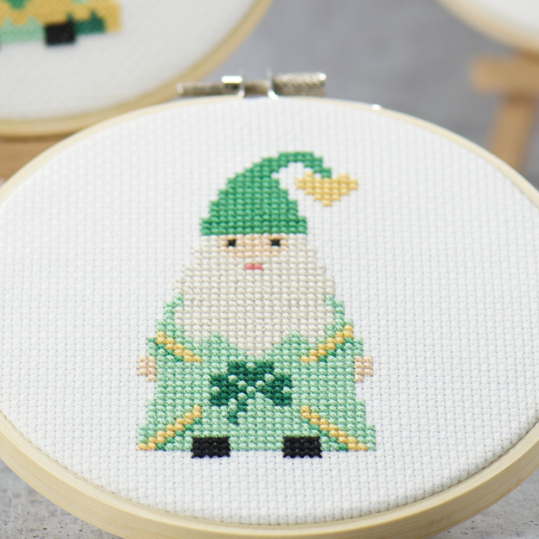 fun shamrock gnomes embroidery collection of 3 for cross stitching