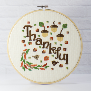 Autumn So Thankful counted cross stitch complete kit with acorns and falling leaves