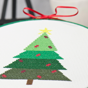 christmas tree with red ornaments cross stitch pattern kit simple for beginners