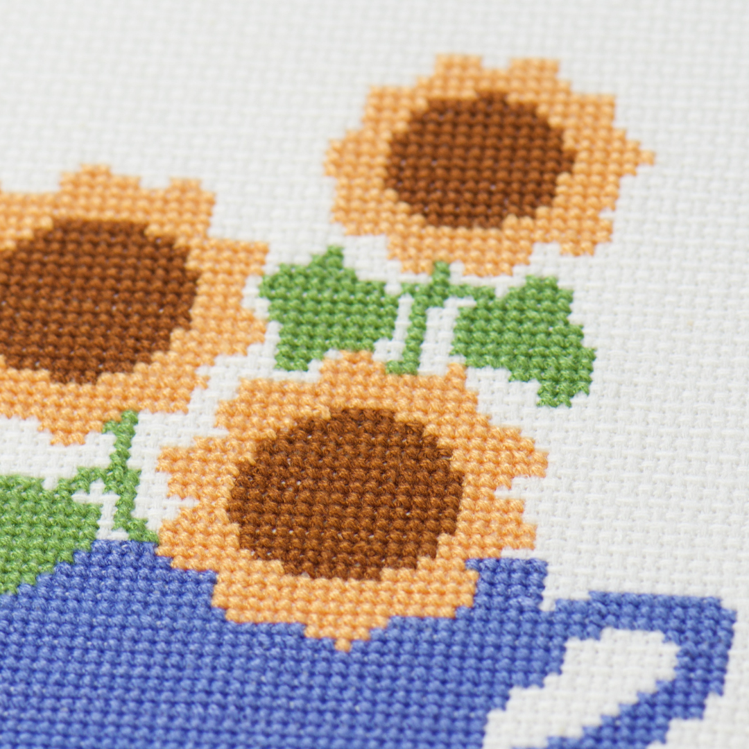 sunflower in teacup modern counted cross stitch pattern kit